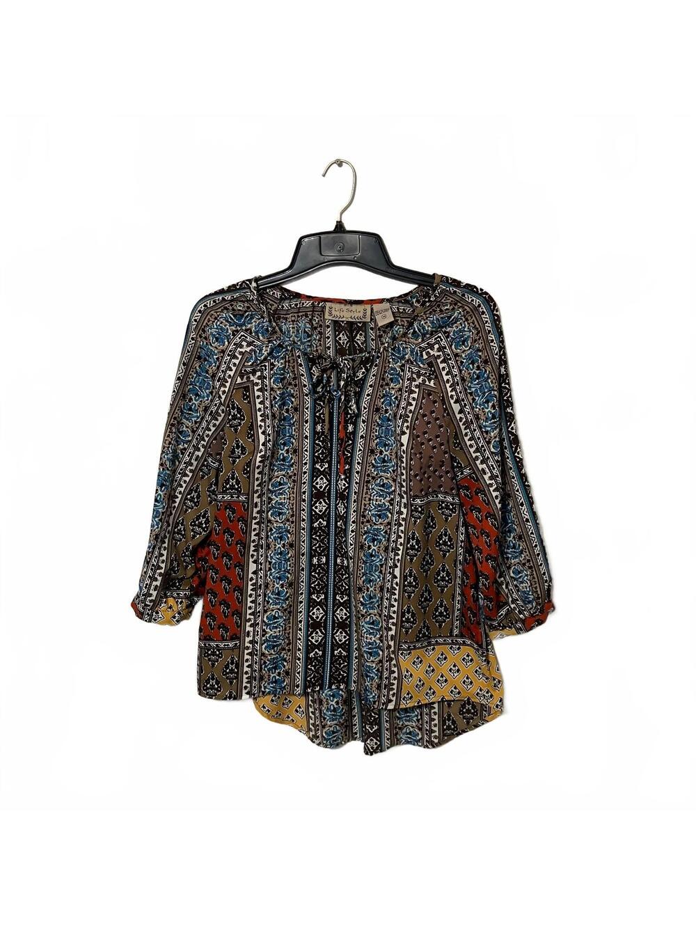 Life Style Women's Blue Boho Chic Artsy Patchwork 70's Style Peasant Top Small
